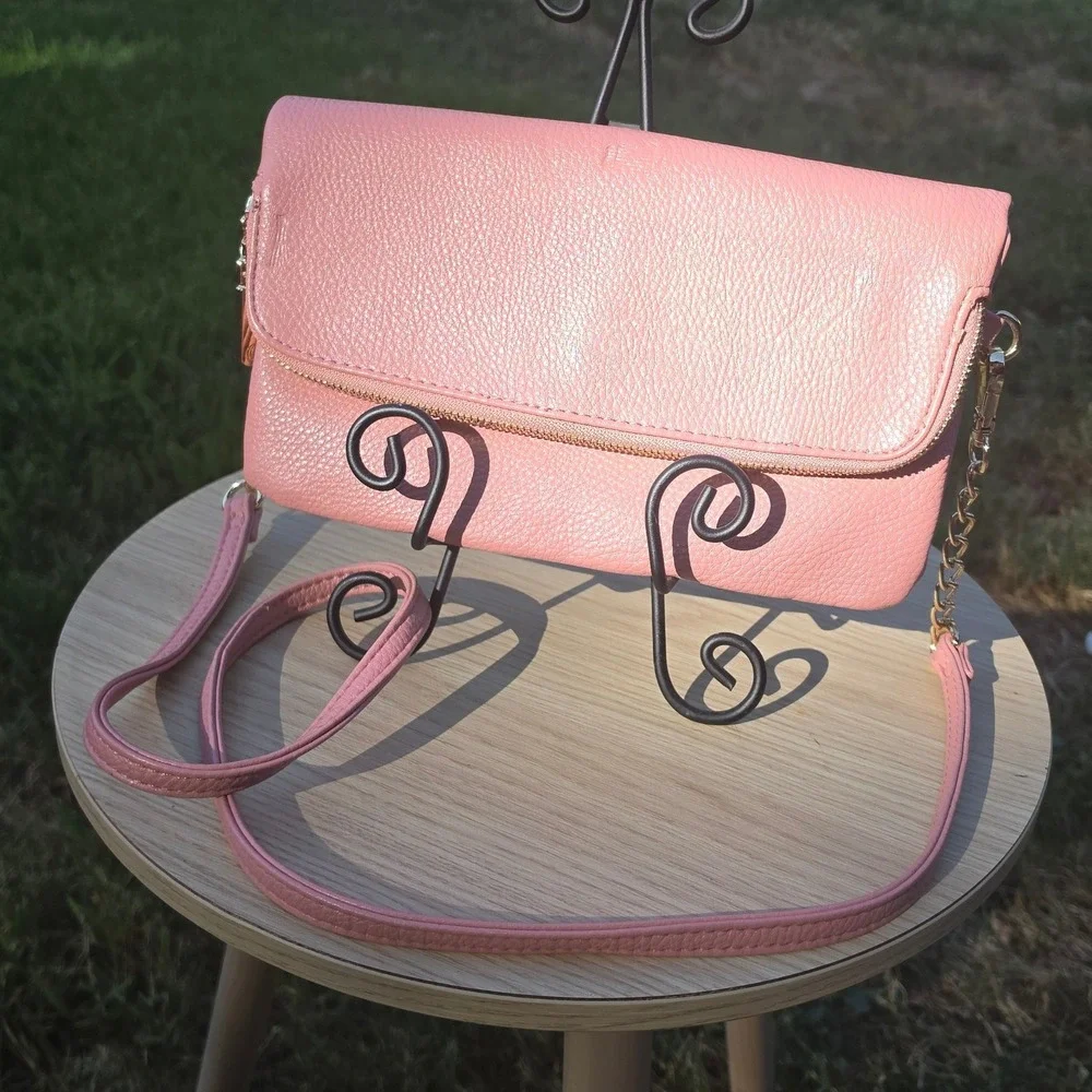 Pink Pebbled Faux Leather Crossbody Bag with Gold Hardware and Chain Strap